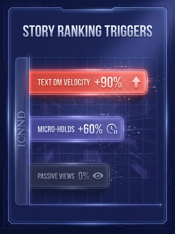 Infographic detailing the exact algorithmic weights of Instagram Story triggers including DM velocity and Micro-holds
