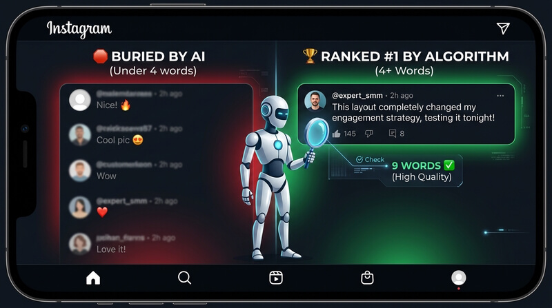 Split-screen infographic showing how Instagram AI buries short comments under 4 words and ranks long-form text comments at the top.