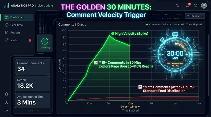 An analytics dashboard graph illustrating the golden 30 minutes rule where high comment velocity triggers a 410 percent organic reach boost.