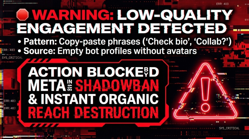 A digital red warning banner showing the consequences of cheap copy-paste bot comments triggering a Meta action block or shadowban.