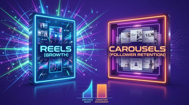 Visual comparison showing the reach distribution differences between Instagram Reels and Carousels