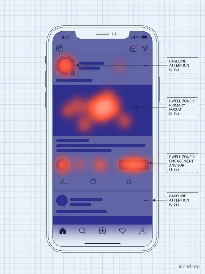 Eye tracking heatmap visual layout map showcasing zones designed to capture attention on static posts